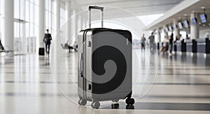 People are visible in the background walking and checking in at