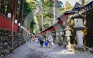 People visit the Futarasan Shrine shrine in Nikko, Japan