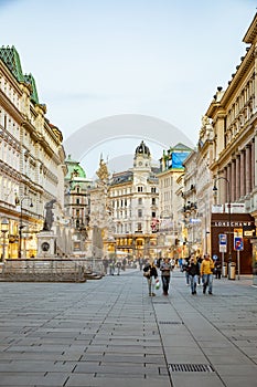 People visit Graben in Vienna by night. Graben street is among most recognized streets in Vienna which is the capital city of