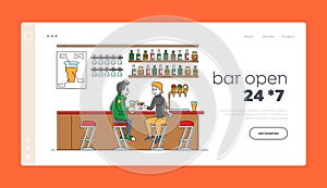 People Visiting Night Club or Beer Pub Landing Page Template. Characters Sit at High Chairs Drinking Cocktail