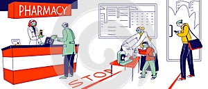 People Visiting Pharmacy during Coronavirus Pandemic. Characters Cover Hands with Antibacterial Gel