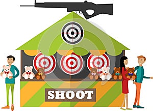 People visiting shooting gallery in amusement park vector icon isolated on white