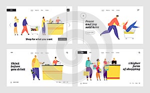 People Visiting Store for Shopping Website Landing Page Set, Queue in Supermarket, Customers with Goods Stand at Cashier