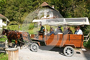 People visiting on tourist buggy old farm houses