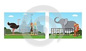 People Visiting the Zoo Set, Visitors Watching Elephant and Ostrich Animals at Excursion Vector Illustration