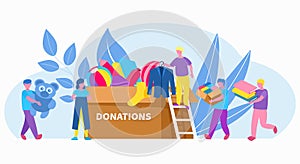People volunteer with box of clothing donation, charity, social help in community vector illustration. Volunteering