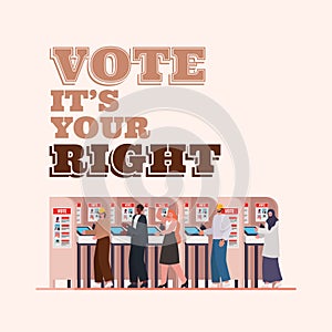 People at voting booth with vote its your right text vector design