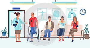 People wait in hospital. Appointment queue in clinic, disabled injured patient talking to doctor in waiting room