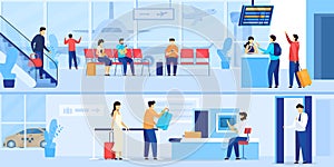 People waiting in airport, security check and registration for flight, vector illustration