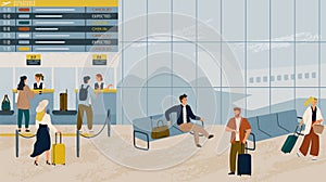 People waiting for a flight in airport terminal hand drawn vector illustration. Passengers in queue at check-in counter photo