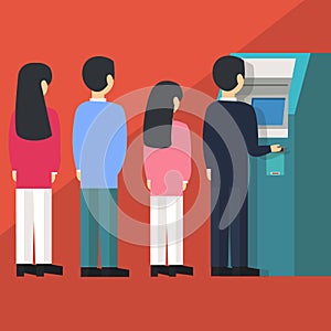 People waiting in line queue to draw money from self-service ATM Automated Teller Machine cartoon vector illustration