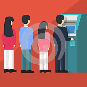 People waiting in line queue to draw money from self-service ATM Automated Teller Machine cartoon vector illustration photo