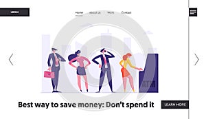 People Waiting in Queue Near ATM Website Banner. Cash Machine Concept with Man and Woman Standing in Line