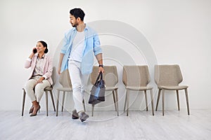 People, waiting room and businessman walking to interview at job recruitment agency together. Human resources, hiring