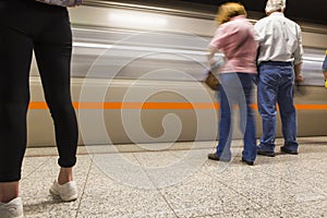 People waiting for the subway train to stop on Omonia Square