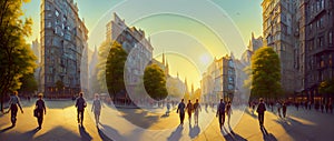 people walk along the street, going to meet the setting sun, multi-storey buildings and trees in the background. Generative AI,