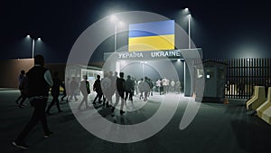 People walk through the border checkpoint gate to Ukraine at night - 3D rendered