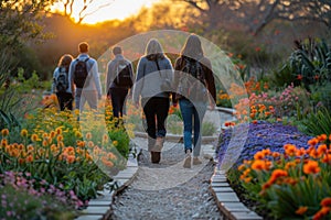 people walk on a brick path in a lush garden with vibrant flowers.