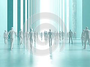 People walk the corridor with columns to the light 3D rendering