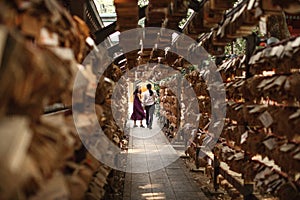 People walk through ema tunnel of wishes. Ema Wooden prayer tablets at Hikawa Shrine at Kawagoe, Japan. It is famous for praying