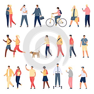 People walk. Flat characters walking with dog outdoor, riding bicycle and hoverboard and running. Men and women crowd on