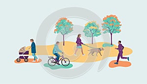 People walk in the park. Abstract vector illustration.