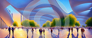 People walk in the park with a futuristic modern roof over the square. Generative AI, Generative, AI