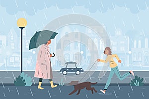 People walk in rain on city street with buildings, girl running with dog on leash