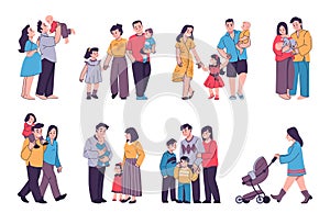 People walk together. Happy family. Parents with children. Father and mother hugging newborn baby. Couples and kids