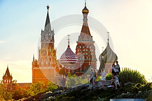 People walk in Zaryadye Park near Kremlin and St Basil`s Cathedral, Moscow, Russia