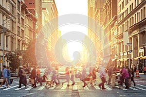 People walking across a busy intersection with the bright light of sunset in the background - Manhattan, New York City