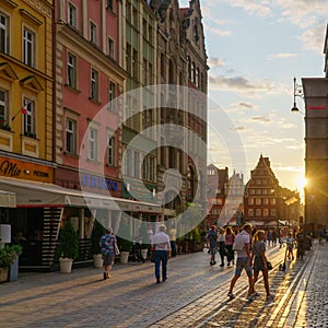 People walking along the market square in the old town of Wroclaw at sunset