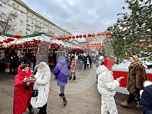 Moscow, Russia, February, 11, 2024. People walking along Tverskaya Square in Moscow during the Chinese New Year