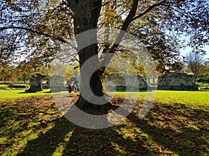 People walking around Hailes Abbey ruins in Cotswold, United Kingdom