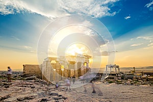 People walking around the ruins of Parthenon, motion blur