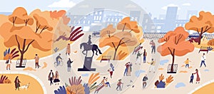 People walking in autumn park flat vector illustration. Citizens strolling in city center recreational area. Fall season