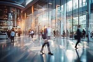 people is walking in blurred motion in modern office space. Bright business concept, Generative AI Illustration