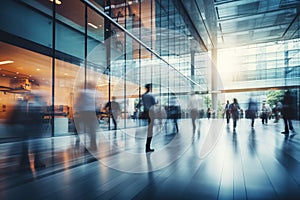 People walking in blurred motion in modern office space. Generative AI