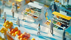 People walking in bustling supermarket. Organic fruits and vegetables.