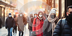 People Walking on a Busy Street Wearing Masks