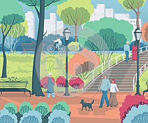 People walking in the city park. Landscape with trees, bushes, benches, lanterns.