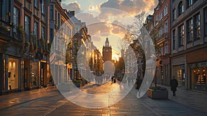 People walking on the cobblestone street in Poland at sunset