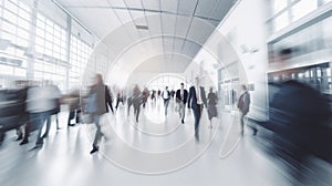 People walking in the corridor of an business center, pronounced motion blur