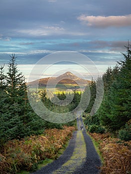 People walking on a country road leading to Sugarloaf Mountain, Wicklow Mountains, Ireland