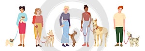 People walking dogs cute pet flat set vector