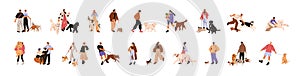 People walking with dogs. Pet owners leading puppies outdoors set. Characters strolling with companion animals, doggies