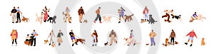 People walking with dogs. Pet owners leading puppies outdoors set. Characters strolling with companion animals, doggies photo