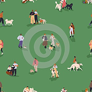 People walking dogs, seamless pattern. Tiny owners strolling with puppies of different canine breeds outdoors, endless photo