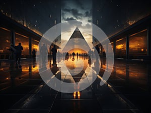 people walking in front of a pyramid at sunset