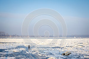 People walking on the frozen Danube in Belgrade, Serbia, in January 2017 due to an exceptionally cold weather over the Balkans